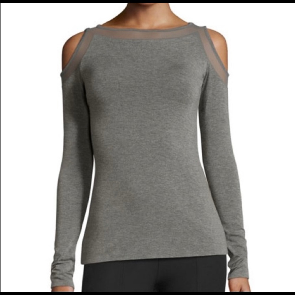Bailey 44 Gray Cold Open Shoulder Mesh Insert Top